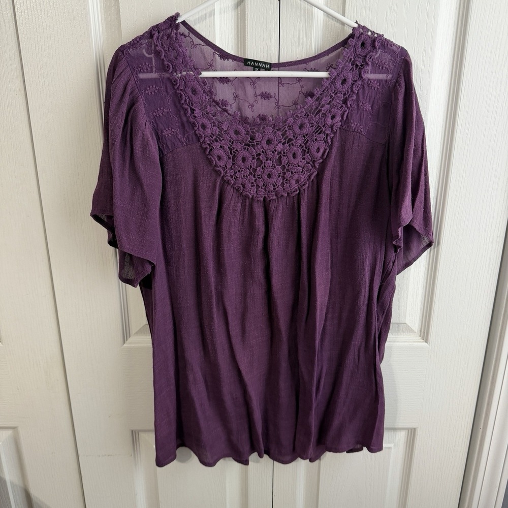 Hannah Purple Lace Embroidered Short Sleeve Blouse Women's Size 2X Boho Office